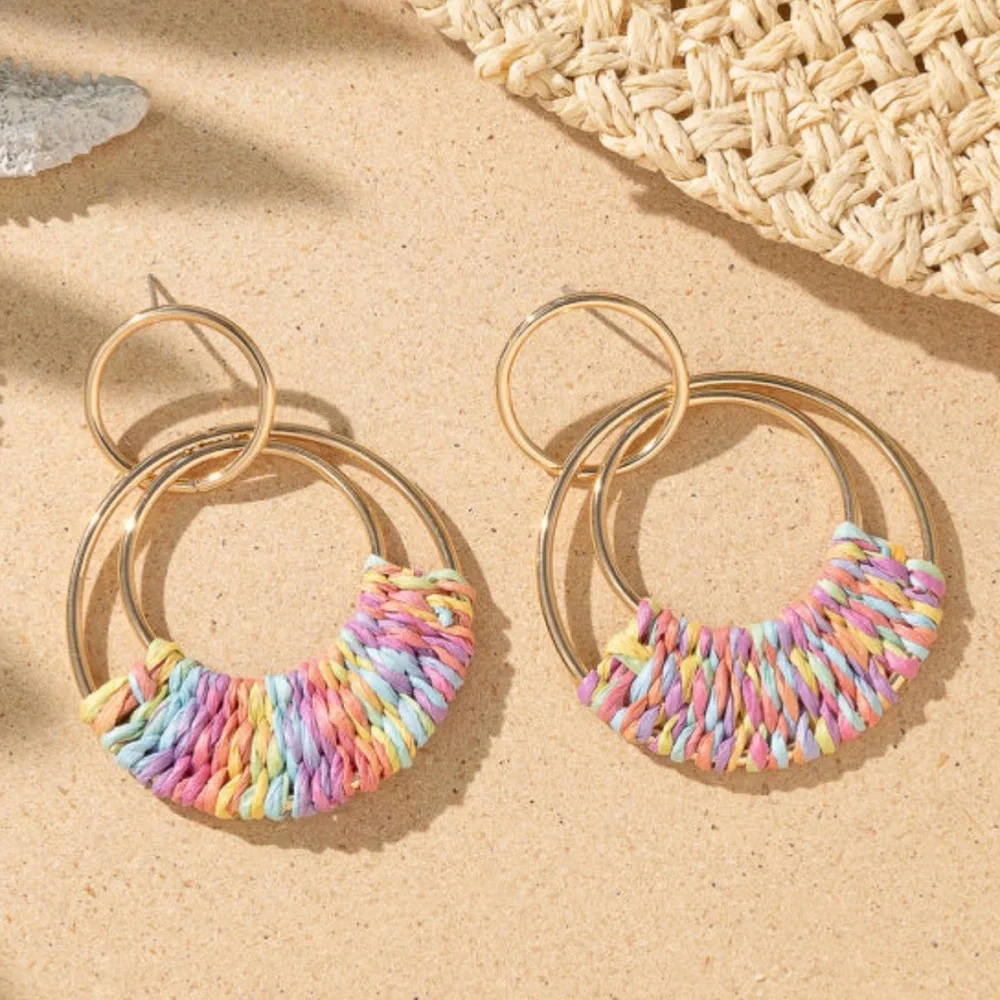 NWT Gold Tone Round Drop Dangle Earrings Pastel Woven Raffia Bohemian Posts